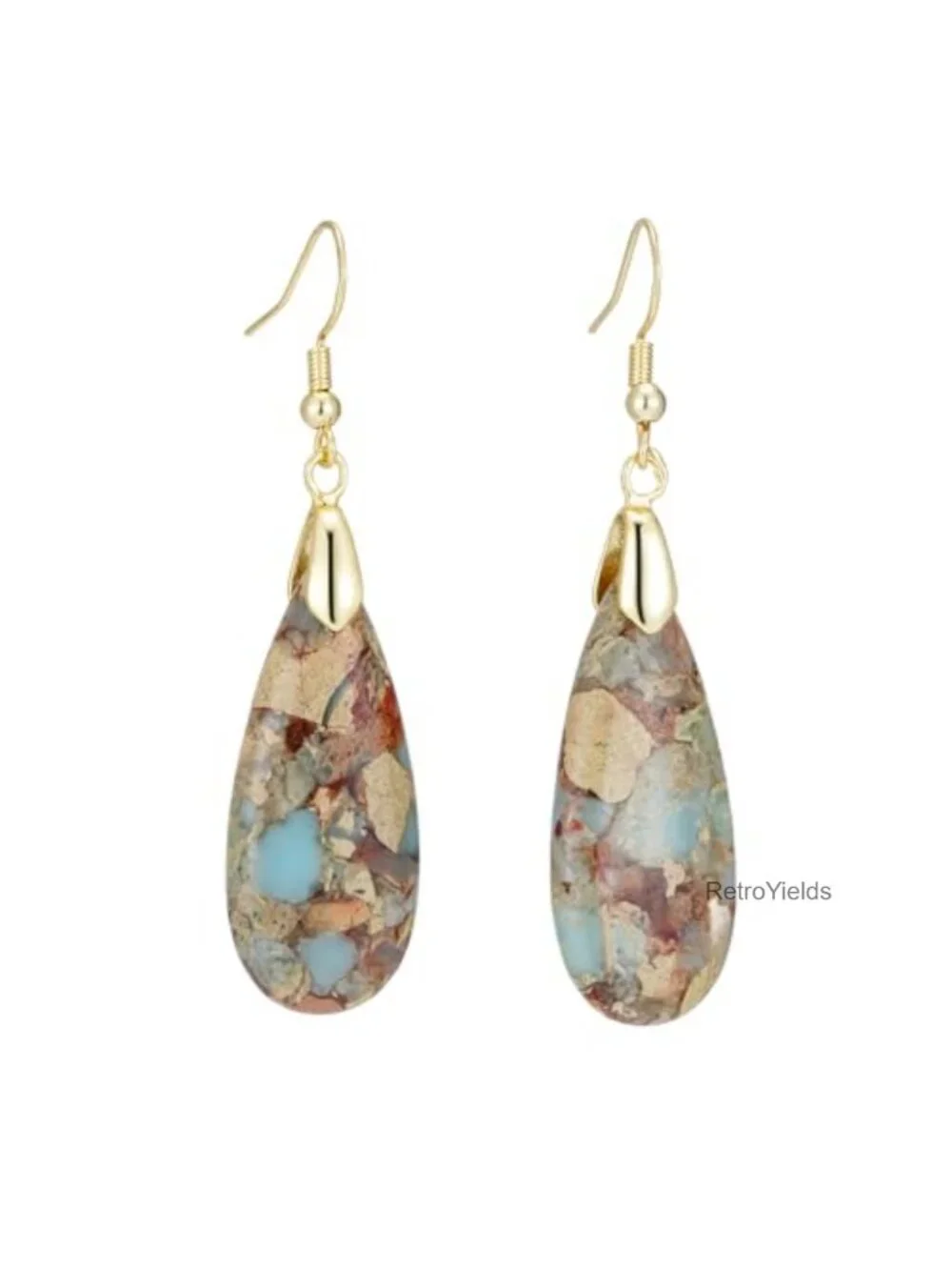 Natural Agalmatolite Teardrop Dangle Earrings Gold Plated Hypoallergenic